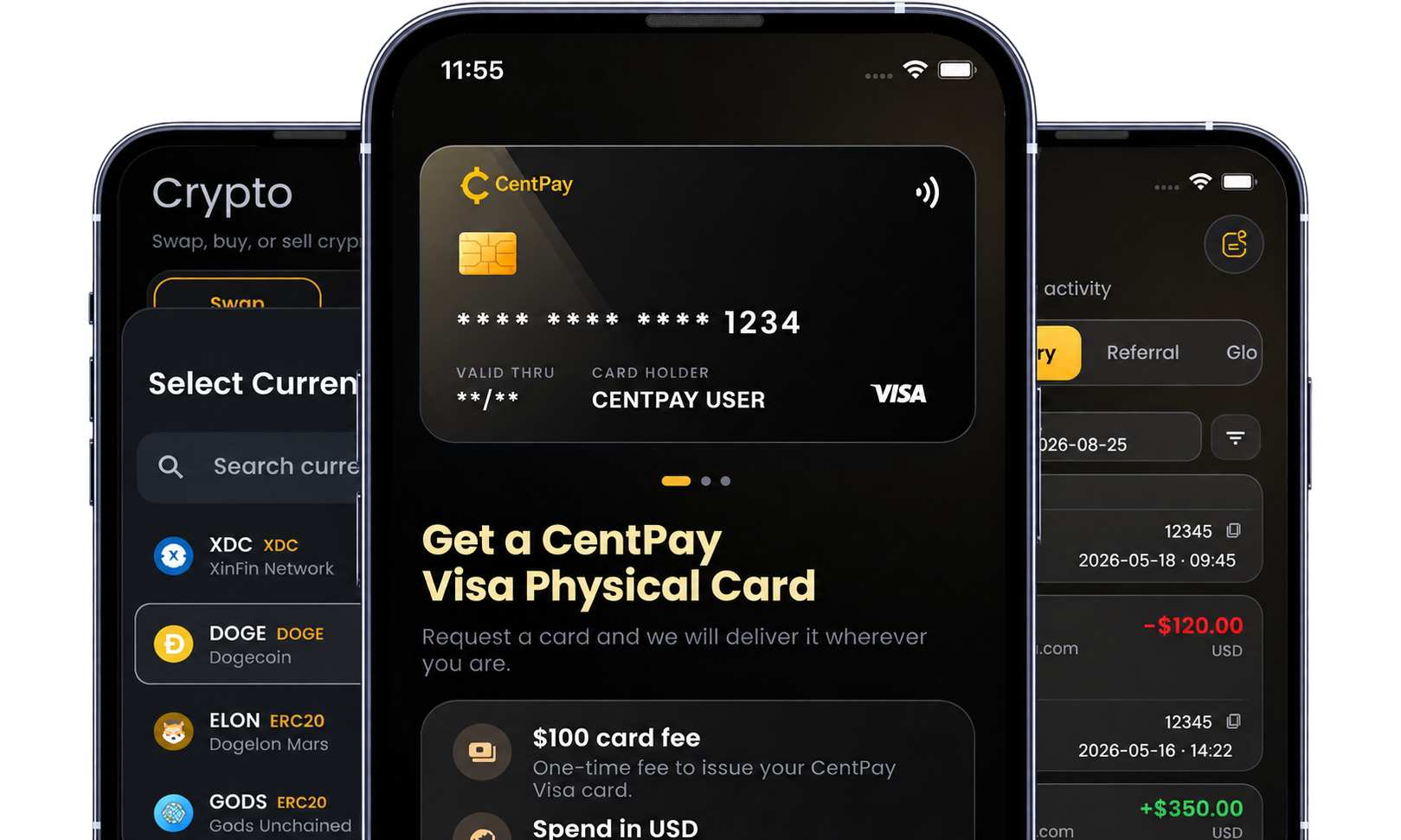 Три смартфона с приложением CentPay: список криптовалютных обменников, карта Visa от CentPay и недавние операции по счету