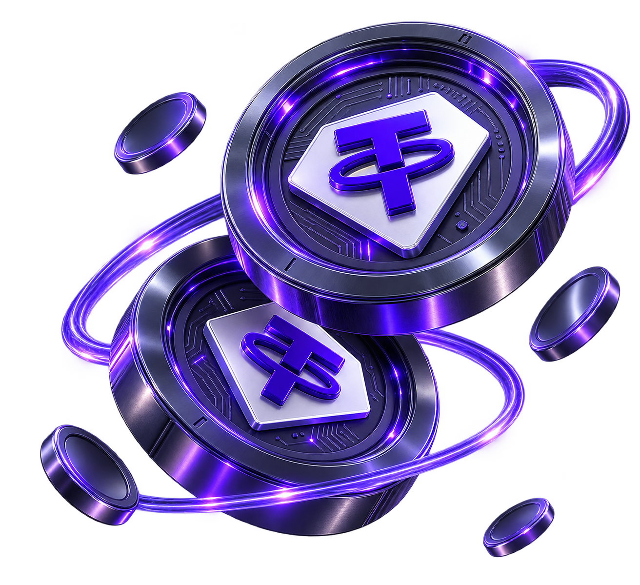 Две монеты Tether (USDT), окруженные вращающимся световым следом